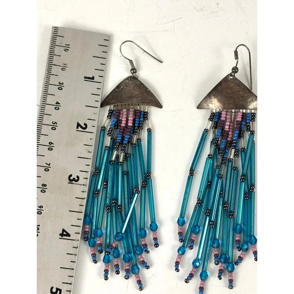 Vintage Southwestern Beaded Fringe Dangle Earrings Blue Glass‎ Tube Beads